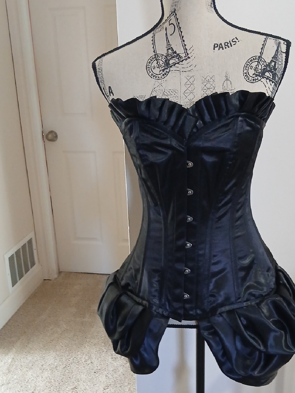 Authentic Corset Black Satin Strapless with Ruffled Sweetheart Neckline